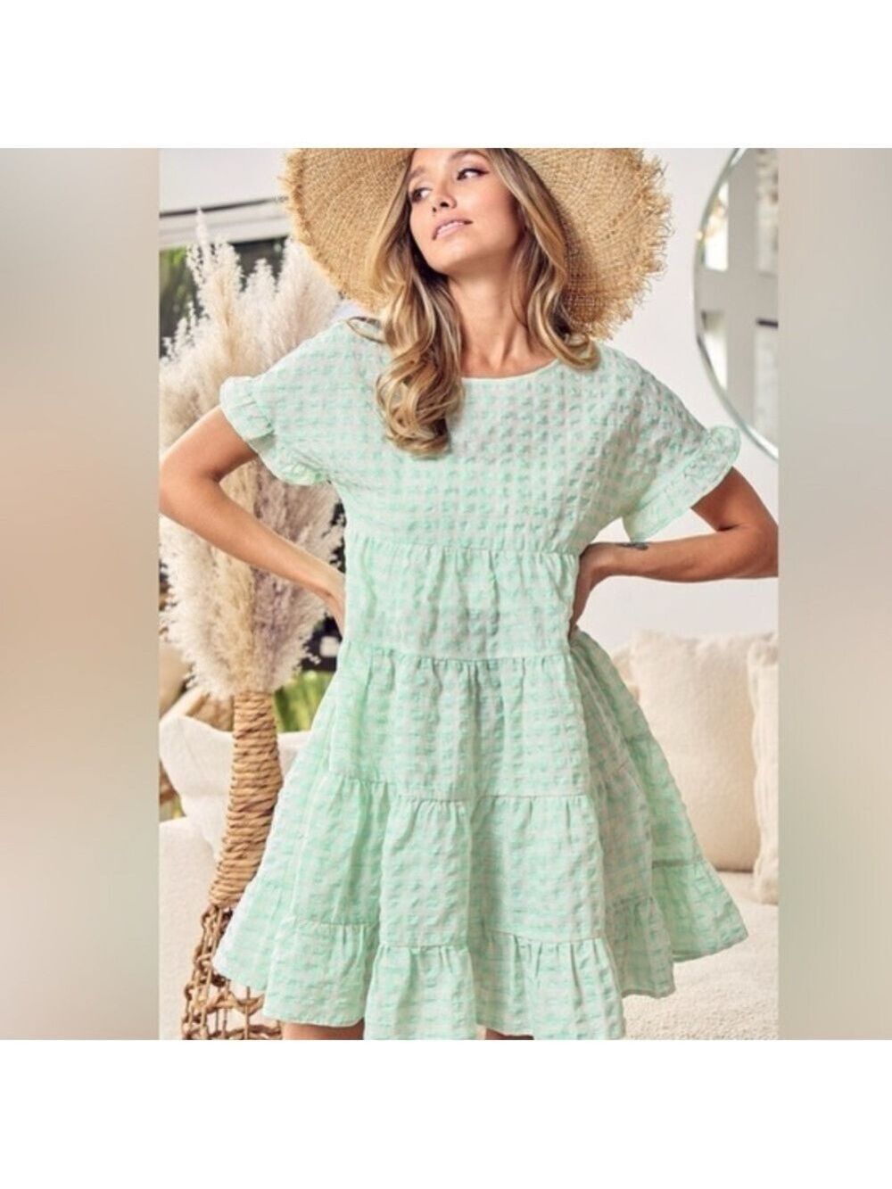 BiBi Spring Summer Seersucker Babydoll Ruffled Hem Short Sleeve Tiered Dress XL